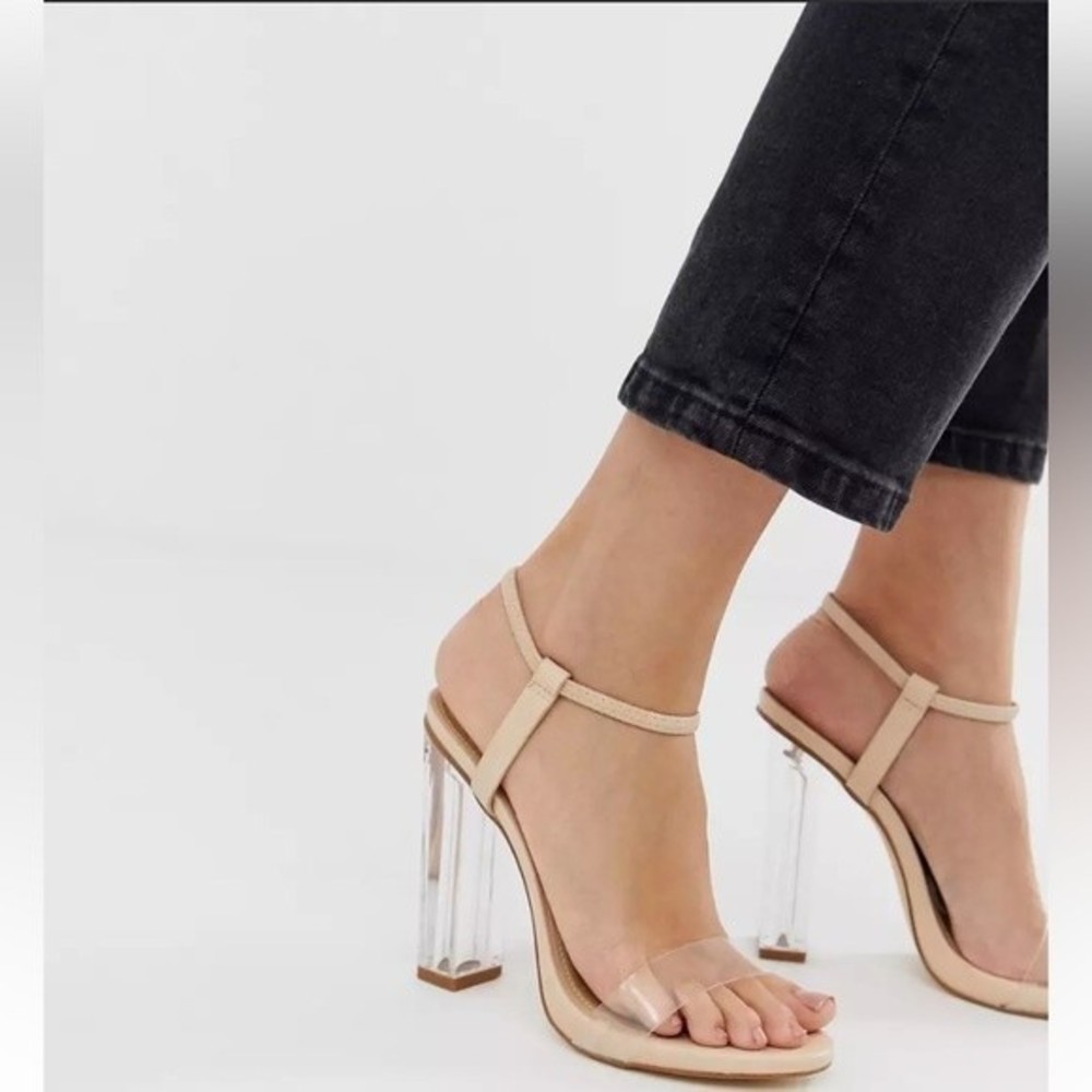 Truffle Collection Clear Block Heeled Sandals, size 6 /39, nude and clear, EUC